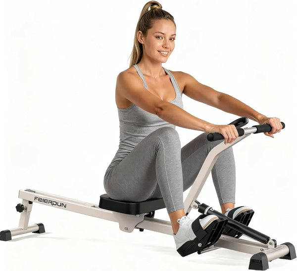 FEIERDUN - Hydraulic Rowing Machine for Home, Compact Adjustable Rower with 12 Resistance Levels - White
