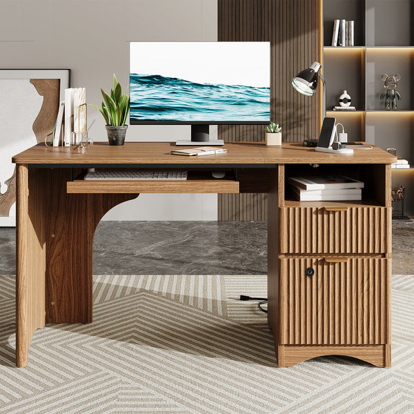 Bestier - 55 Inch Executive Desk with Fingerprint Lock & Built-in Power Outlet, Computer Desk with Drawers for Home Office Desk - Brown Oak