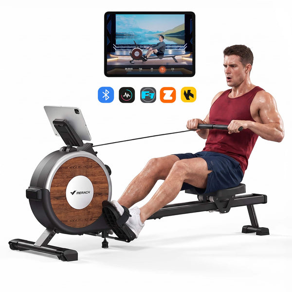 MERACH - Magnetic Rowing Machine 16 Levels of Quiet Resistance Dual Slide Rail 350lb Weight Capacity App Compatible - Black