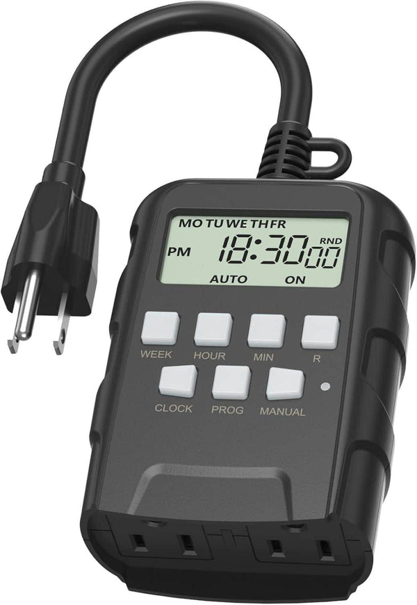 BN-LINK - 7-Day Outdoor Heavy Duty Digital Programmable Timer, Dual Outlet, Weatherproof, 125VAC 60Hz, 1875W, ETL Listed - Black