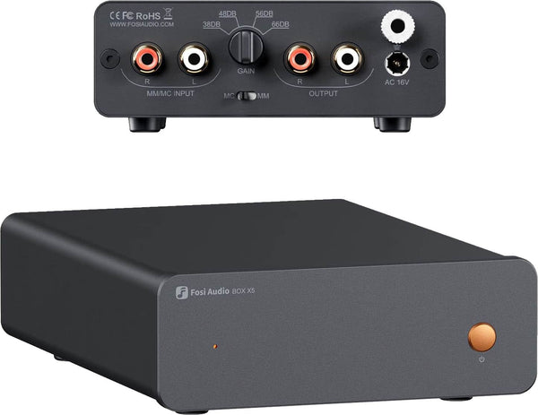 Fosi Audio - Box X5 Phono Preamplifier for MM and MC cartridges with 4-level gain adjustment and RIAA equalization accuracy - Black