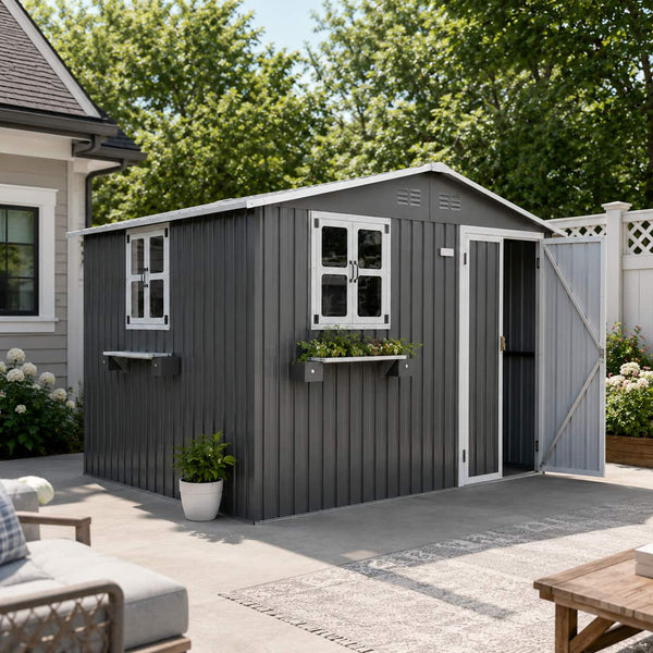 Anysun - 10x8 FT Outdoor Metal Storage Shed with Window & Flower Rack – Lockable Double Doors Tool Shed, Waterproof Weatherproof - Gray