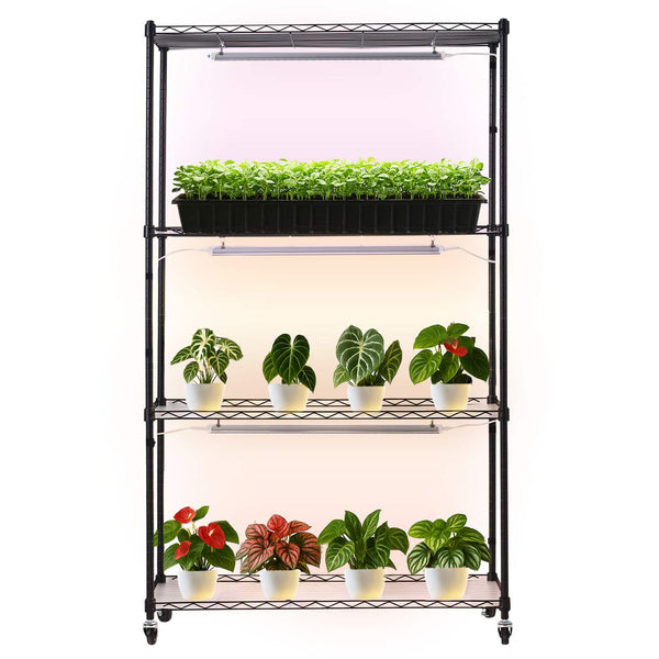 VEVOR - Plant Shelf with Grow Light, 4-Tier Indoor Plant Stand, 59in Tall Plants Display Rack with Wheels, 90W 3-Color Lights - Black