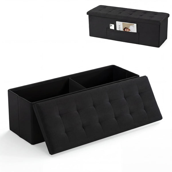 Costway - 43" Folding Storage Ottoman Bench, Linen End of Bed Bench with Padded Seat, Pocket - Black