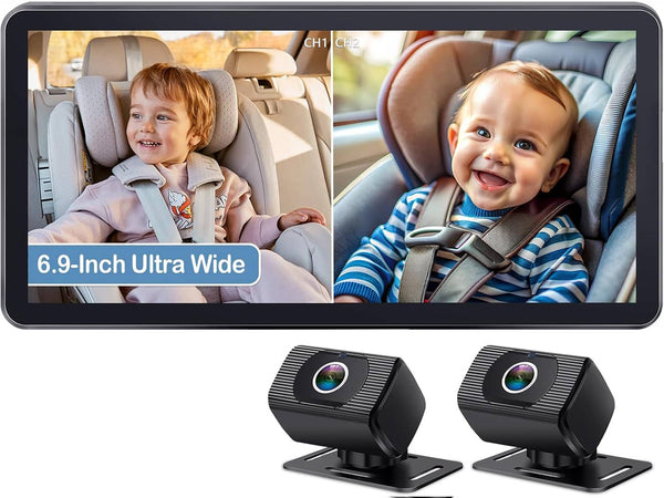 PRIMEPLUS - 2-Kids Baby Car Camera - Dual 1080P HD Monitor with 6.9" Ultrawide Display, USB Powered, 940nm No-Light Night Vision