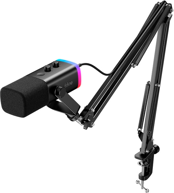 FIFINE - AM8T Gaming Microphone Bundle – Studio-Quality Sound, USB/XLR, RGB Lighting, Arm Boom Stand - Black