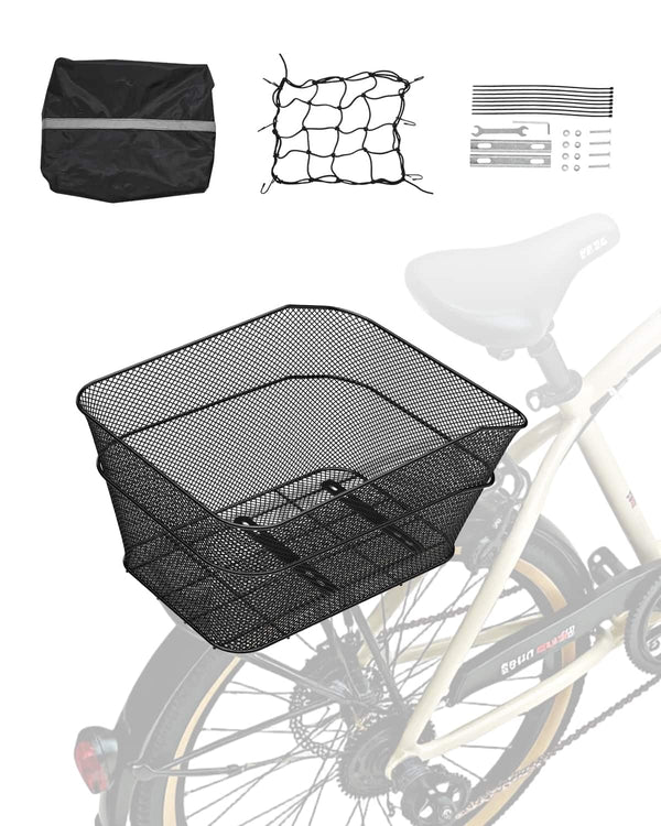 VEVOR - Rear Bike Basket, Wire Mesh Bicycle Basket with Cargo Net & Waterproof Cover, Durable Metal Bike Back Basket - Black