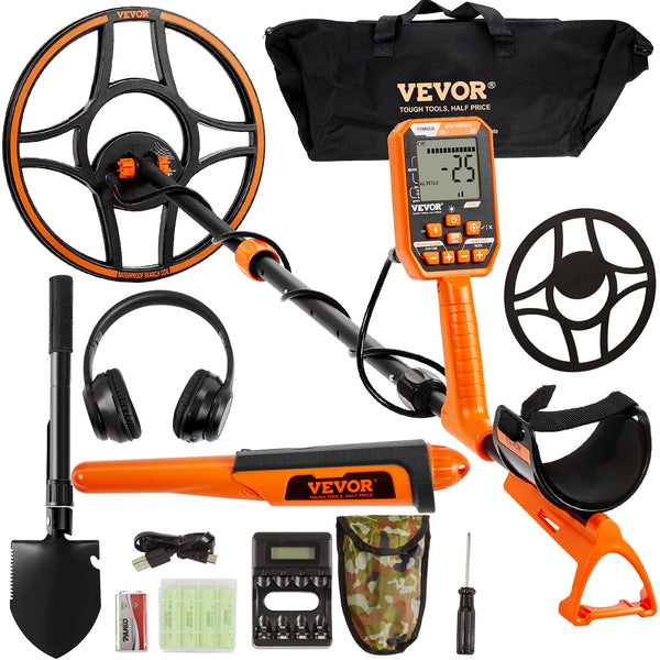 VEVOR - Waterproof Metal Detector, 12" Coil, Professional Rechargeable Gold Detector, 39-50 in Adjustable - Black; Orange
