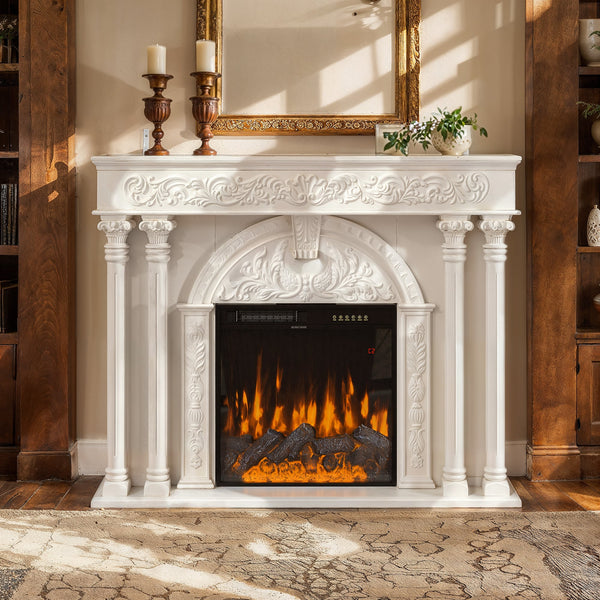 Homsee - Farmhouse Electric Fireplace Mantel Cabinet with Solid Wood Columns, 1500W Heater, Flame Effects for Living Room - Wihte & Black