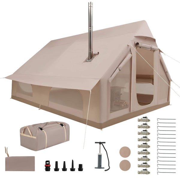 Costway - Inflatable Tent for Camping with Stove Jack, Hand Pump for Family Glamping - Beige