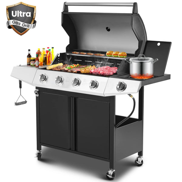 HUGROVE - 5-Burner Stainless Steel BBQ Grill, 50000 BTU Propane Gas Grills with Side Burner and Thermometer for Outdoor - Black