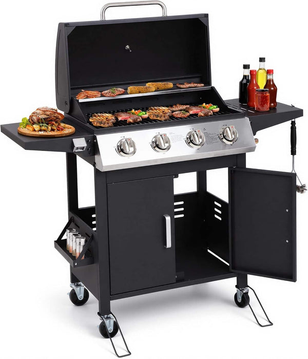 HUGROVE - 4 Burner Propane Gas BBQ Grill, 40,000 BTU Stainless Steel Outdoor Grill with Wheels, Foldable Side Tables & Spice Rack - Black