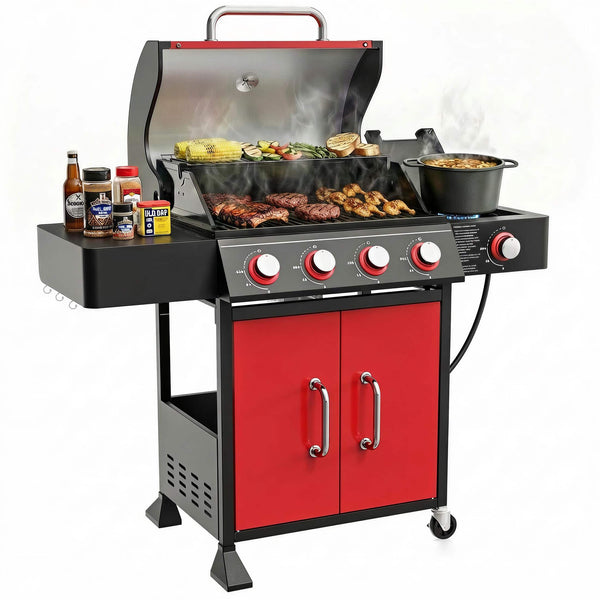 HUGROVE - 4 Burner Propane Gas Grill, 56,000 BTU BBQ Grill with Side Burner, Warming Rack & Porcelain-Enameled Cast Iron Grates - Red