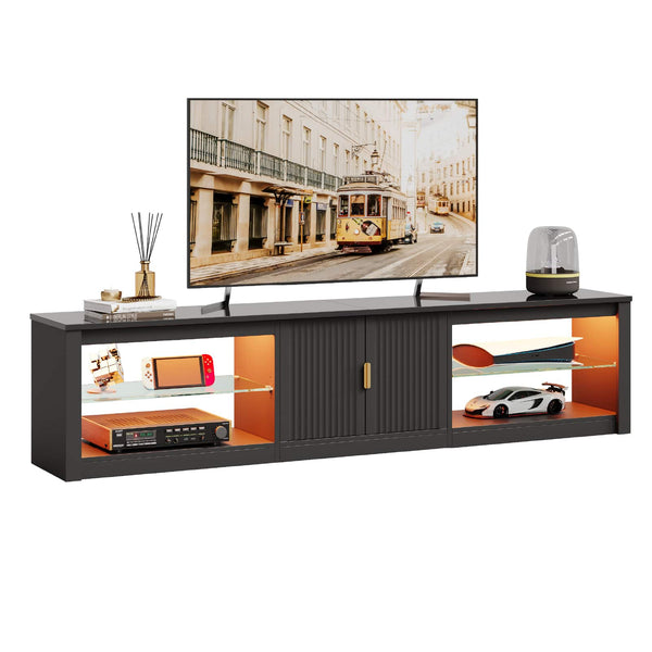 Bestier - 80-inch TV Stand for 75-85 Inch TVs, LED Lights, Fluted Cabinet & Adjustable Shelves - Glossy Black