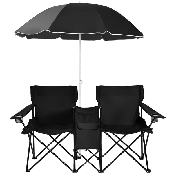Costway - Portable Folding Picnic Double Chair W/Umbrella Table Cooler Beach Camping - Black