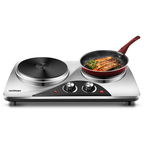 Cusimax - Double Cast Iron Burners 1800W Electric Hot Plate Portable Cooktop Heat Up in Seconds For Types Cookwares - Silver