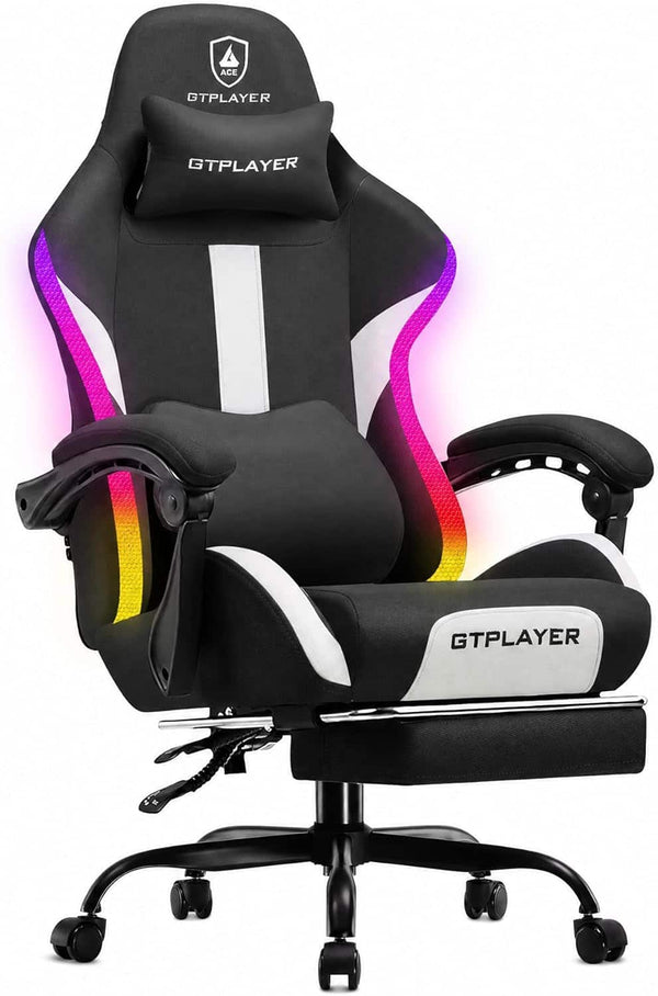 GTPlayer - Ergonomic Gaming Chair with LED Racing Style Computer Chair - Black-Fabric