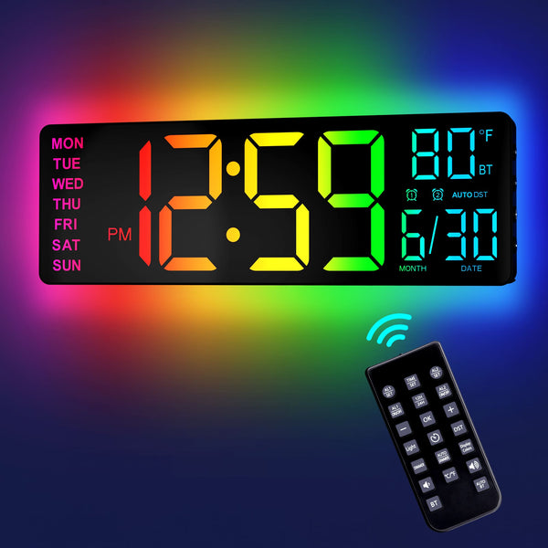Easyera - 12" Digital Wall Clock with Remote Control, RGB Lights, Dual Alarms, LED Display, Auto DST, Temperature, Power via plug - Black