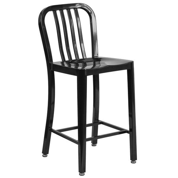 Emma + Oliver - Commercial Grade 24"H Colorful Metal Indoor-Outdoor Vertical Slat Counter Stool - Black
