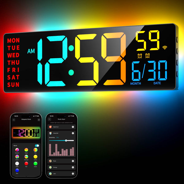 Easyera - 16.5" Large Digital Wall Clock, App Control, RGB LED Lights, Music Sync, Auto DST, Plug-in for Classroom, Home, Gaming - Black
