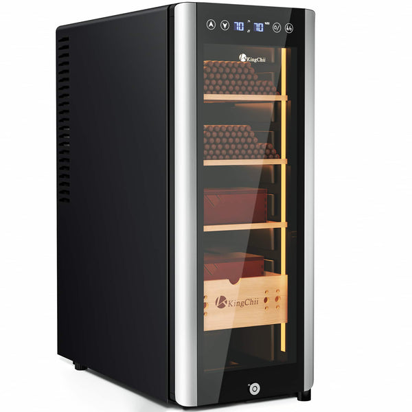 KingChii - Pro 35L Semiconductor Cigar Humidor Temp& Humidity Control with Spanish Cedar Wood Shelves 250-Capacity - Silver