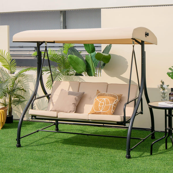 Costway - Converting Outdoor Swing Canopy Hammock 3 Seats Patio Deck Furniture - beige