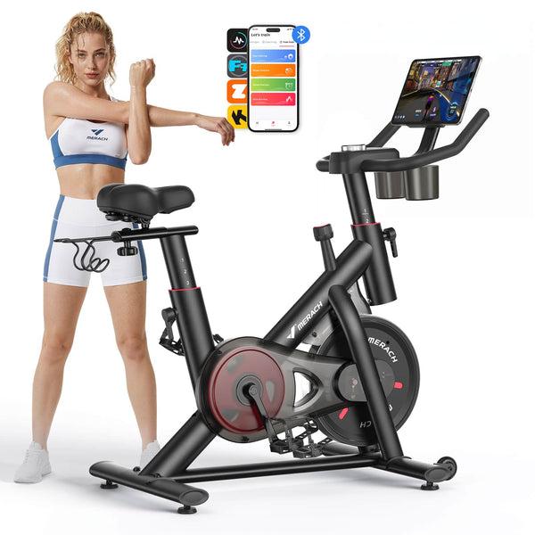 MERACH - Exercise Bike with Bluetooth, App Connectivity, Magnetic Resistance, Adjustable Seat, 300 lbs Capacity - Red