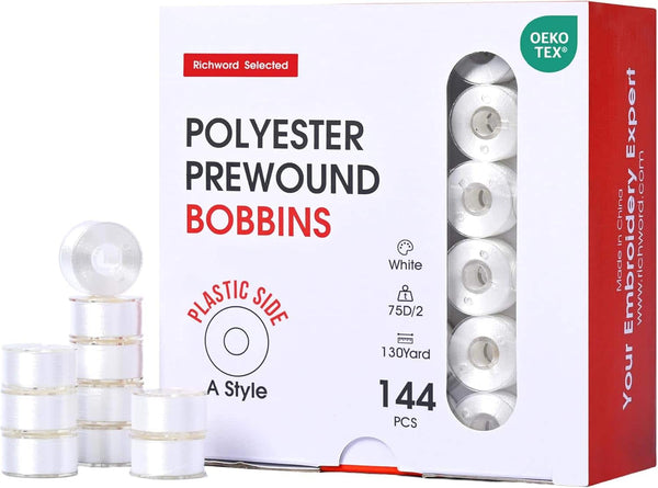 Richword embroidery machine 144 bobbins prewound plastic size A 75D/2 white for Brother Janome Poolin