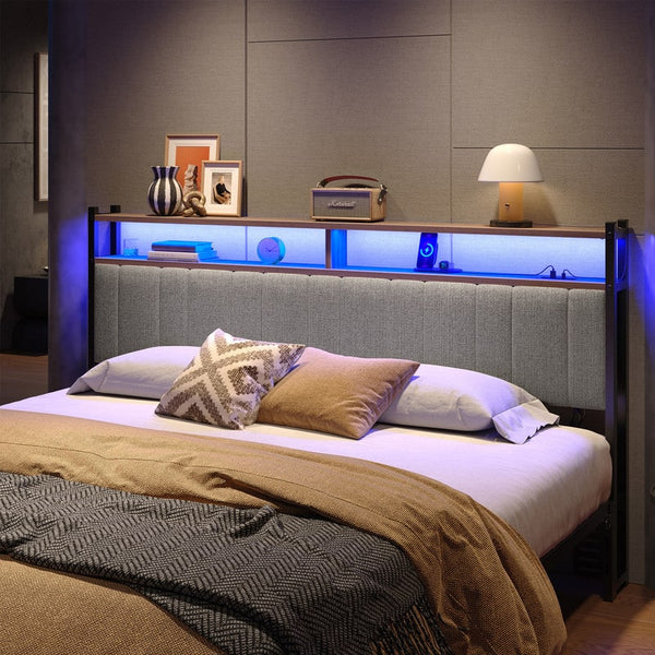 Pinmoco - Linen Upholstered Storage Headboard LED Headboard with Charging Station - Gray