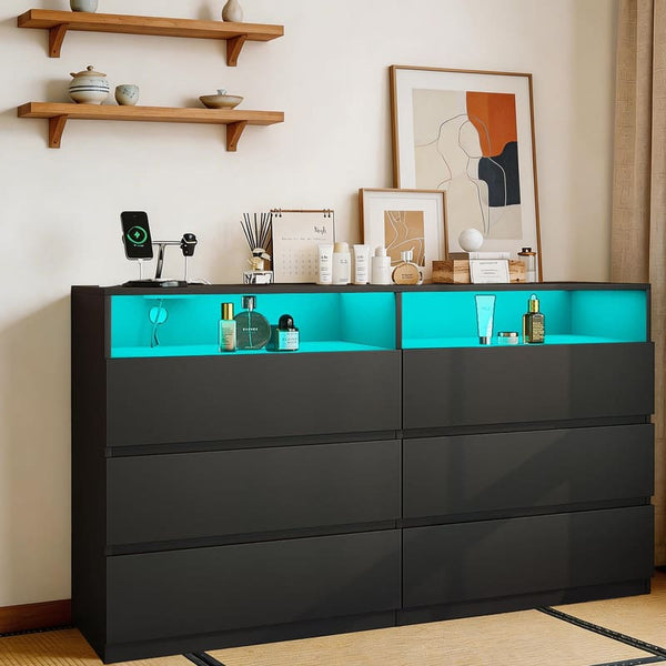 Dyonery - 6 Drawer Dresser with Power Outlet, Dresser with LED Light, Modern Chest of Drawers for Closet - Black
