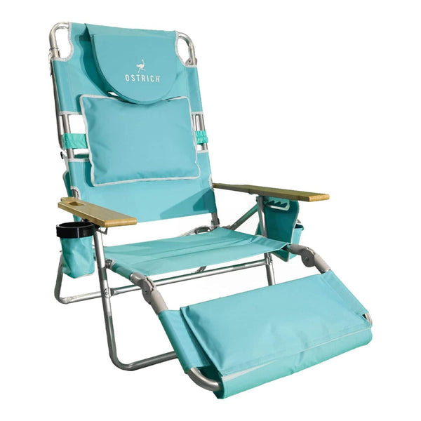 Ostrich - The Deluxe 3N1 Lightweight Outdoor Beach Lounge Chair w/ Footrest, Aqua - Blue, White Striped