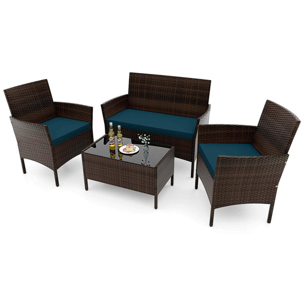 Costway - 4 PCS Patio Furniture Set withWashable Cushions and Tempered Glass Coffee Table - Blue,Mix Brown
