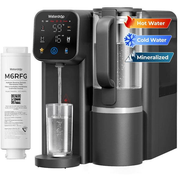 Waterdrop - M6CG Cold and Hot Reverse Osmosis System Countertop Water Filter, 8-Stage Mineralization, EXTRA M6RFG Filter - Black