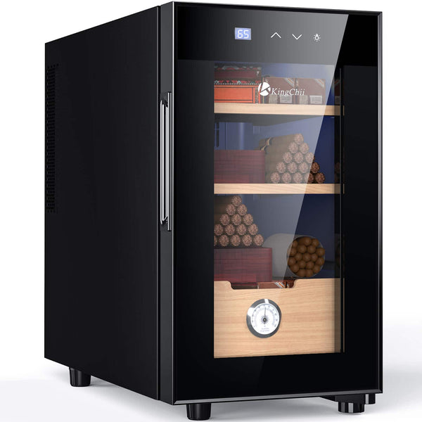 KingChii - 23L Thermoelectric Cigar Humidor Storage Cabinet with Temp Control, Spanish Cedar Shelves and Hygrometer(150 Capacity) - Black