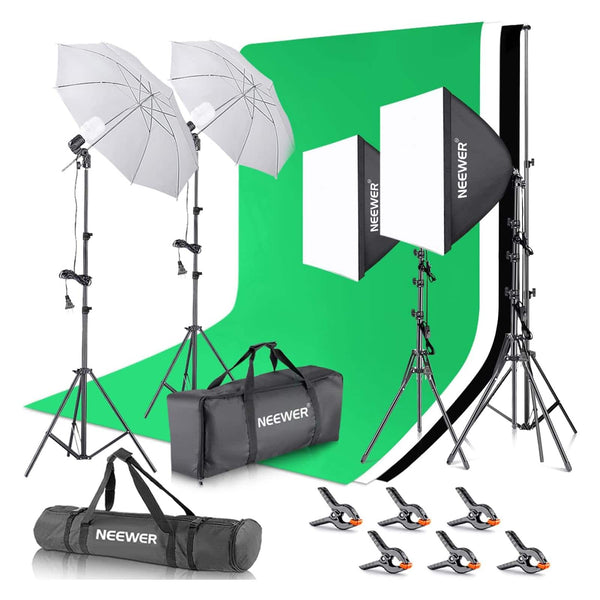 Neewer - Complete Photo Studio Lighting Kit - with Backdrops, Stands & LED Umbrella Softboxes - Black