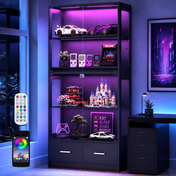 Skyzoo - Curio Display Cabinet, App-Controlled LED Lighted Showcase, Freestanding Display Case for Collectibles - Black