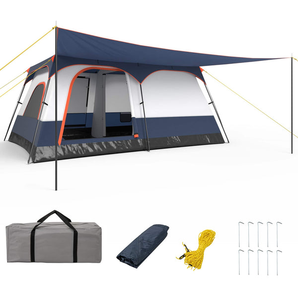 Gymax - 10-Person Camping Tent with Porch Large Family Cabin Tent w/ 2 Rooms 2 Doors - Blue
