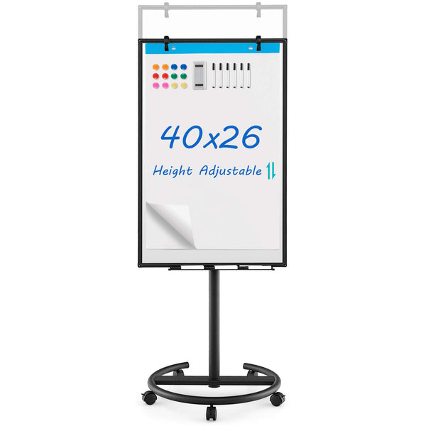 Costway - Mobile Whiteboard 40'' x 26'' Height Adjustable Magnetic Dry Erase Board with Stand - White + Black