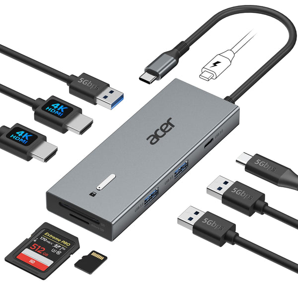 Acer - USB C Docking Station With 2 HDMI, 9-IN-1 Docking Hub with USB A&C 3.0, SD/Micro SD, 100W Charging - Gray