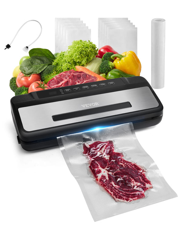 VEVOR - Vacuum Sealer Machine, 80Kpa 120W Powerful Compact Food Sealer, 7-in-1 Multi-Functional Food Vacuum Sealer - Black + Silver