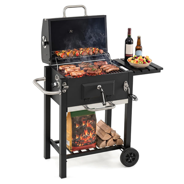 Gymax - Charcoal Grill w/ Wheels Portable BBQ Grill w/ Adjustable Charcoal Tray - Black