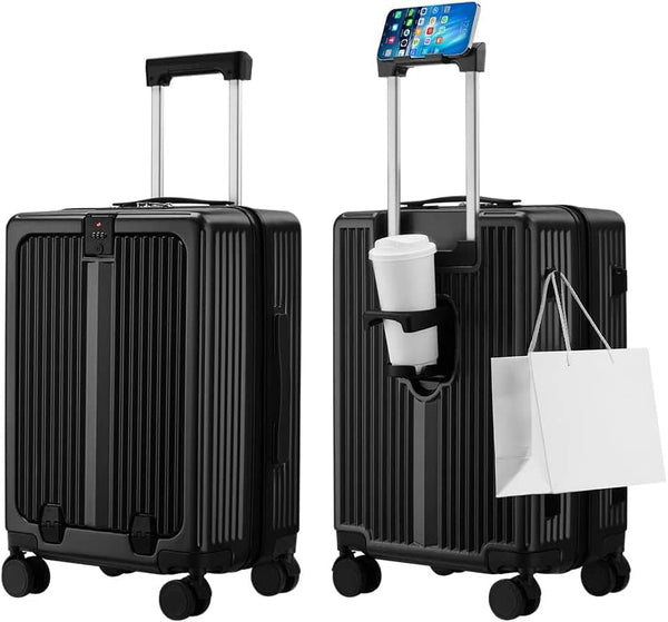 Quick Deer - 20-Inch Front Opening Carry On Luggage with USB & Type-C Ports, Cup Holder, Airline Approved - Black