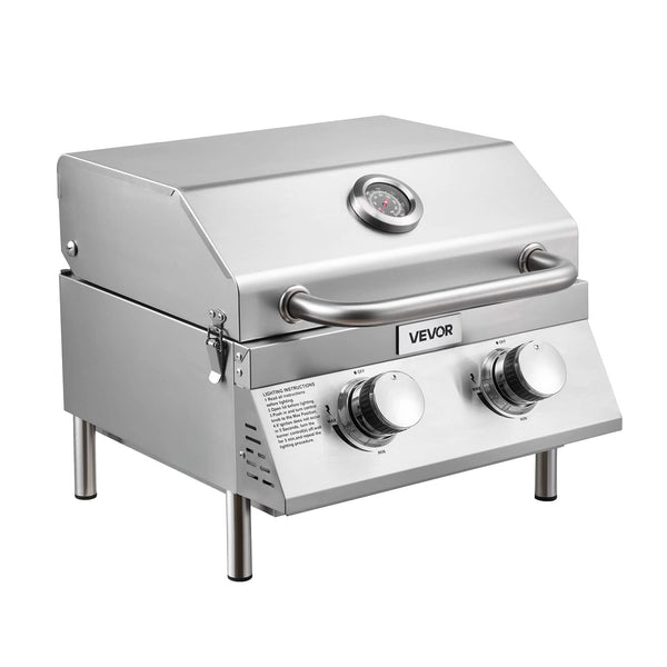 VEVOR - Tabletop Gas Grill, 2-Burner Stainless Steel Portable Propane Grill, with Built-in Thermometer, Travel Locks - Silver