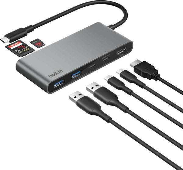Belkin - 7-Port Hub w/ 4K HDMI Display with 60Hz, 100W Power Delivery, Fast Data Transfer 5Gbps, USB-C Multiport Adapter - Space Gray