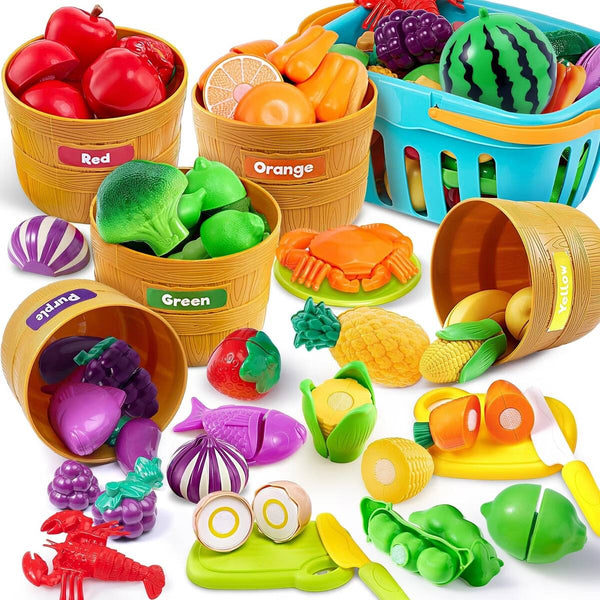 Joyfy - Montessori Learning Toys for 3 4 5 Year Olds - Cutting Play Food Set for Toddlers, Kitchen Color Sorting for Preschool,