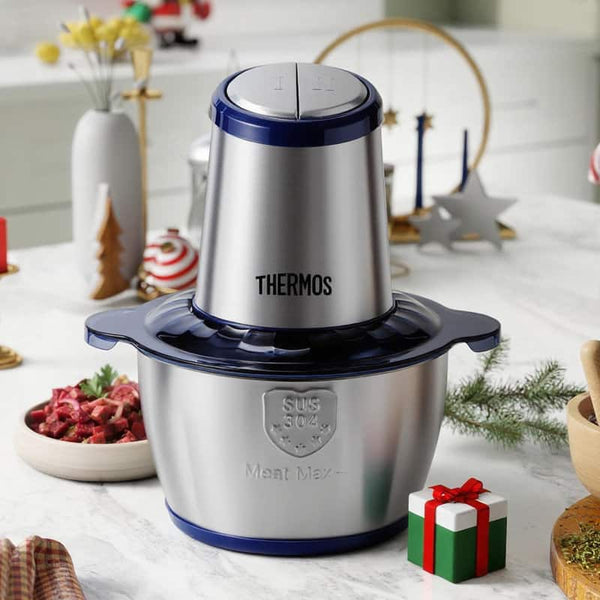 Thermos - 8 Cup Functional Food Processor 4 Blades 2 Bowls Mini Vegetable Chopper 500w Feed Chute & Pusher For Mincing, Dicing - Silver