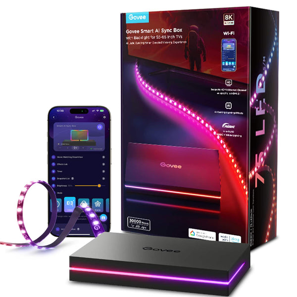 Govee - AI Gaming & TV Sync Box Kit 2 with HDMI 2.1, 4K@144Hz, 4-in-1 RGBWIC Lighting for 55–65 inch TVs - Multi