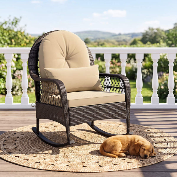 Costway - Outdoor Wicker Rocking Chair with Waist Pillow & Soft Removable Cushions for Garden - Mix Brown + Beige