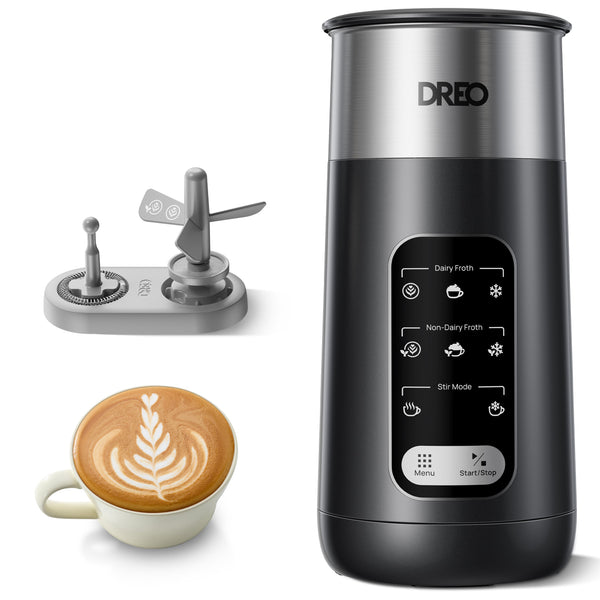 DREO - 8-in-1 Electric Stainless Steel Milk Frother, 9oz/270ml Warm and Cold Foam Automatic Frothers, LED, Easy to Clean - Black