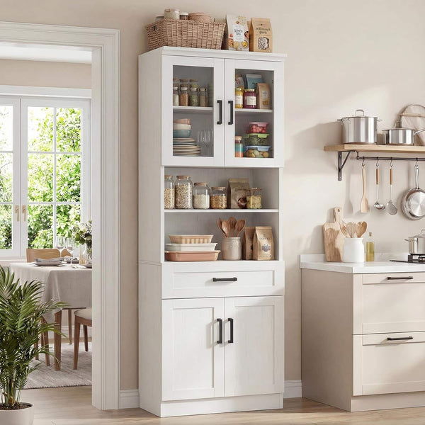 Aheaplus - 79.7" Tall Kitchen Pantry Storage Cabinet, Kitchen Hutch Cabinet with Glass Door, Adjustable Shelves and Drawer - White